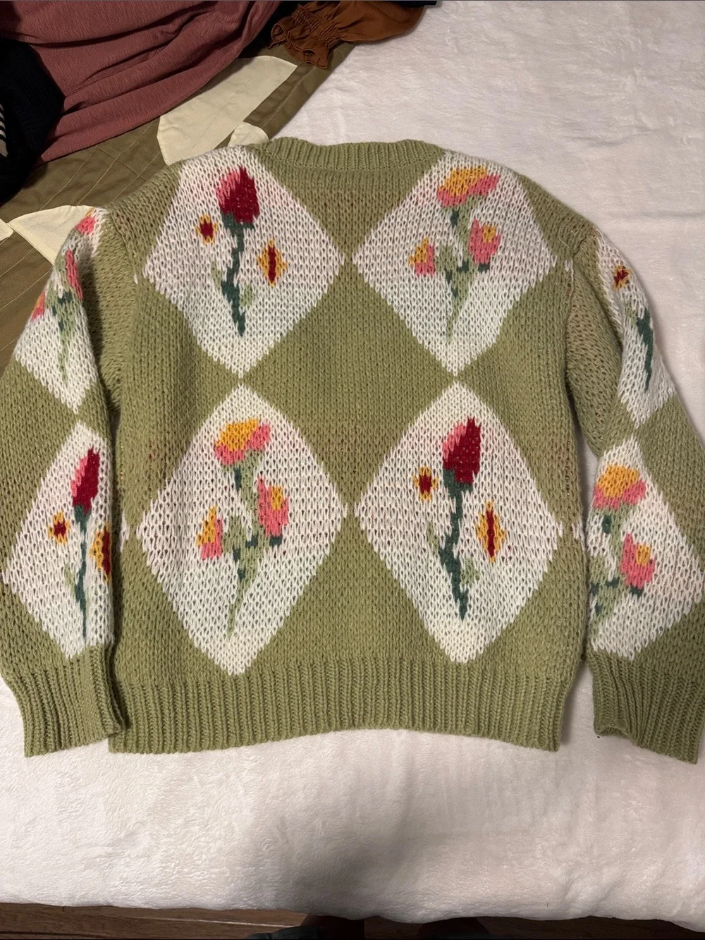 Olive Green Floral Knit Cardigan Sweater - Picture 2 of 2
